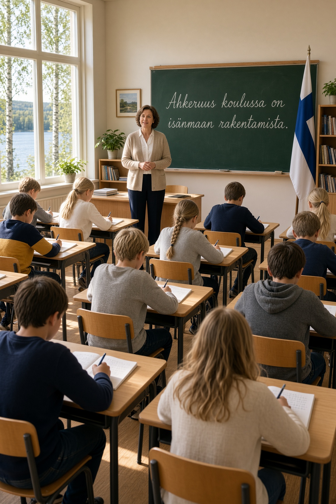 Valoisa suomalainen luokkahuone, jossa opettaja seisoo liitutaulun edessä ja oppilaat kirjoittavat keskittyneesti pulpeteissaan. Taululla lukee kaunokirjoituksella "Ahkeruus koulussa on isänmaan rakentamista." Luokassa on Suomen lippu ja ikkunasta näkyy perinteinen järvimaisema.